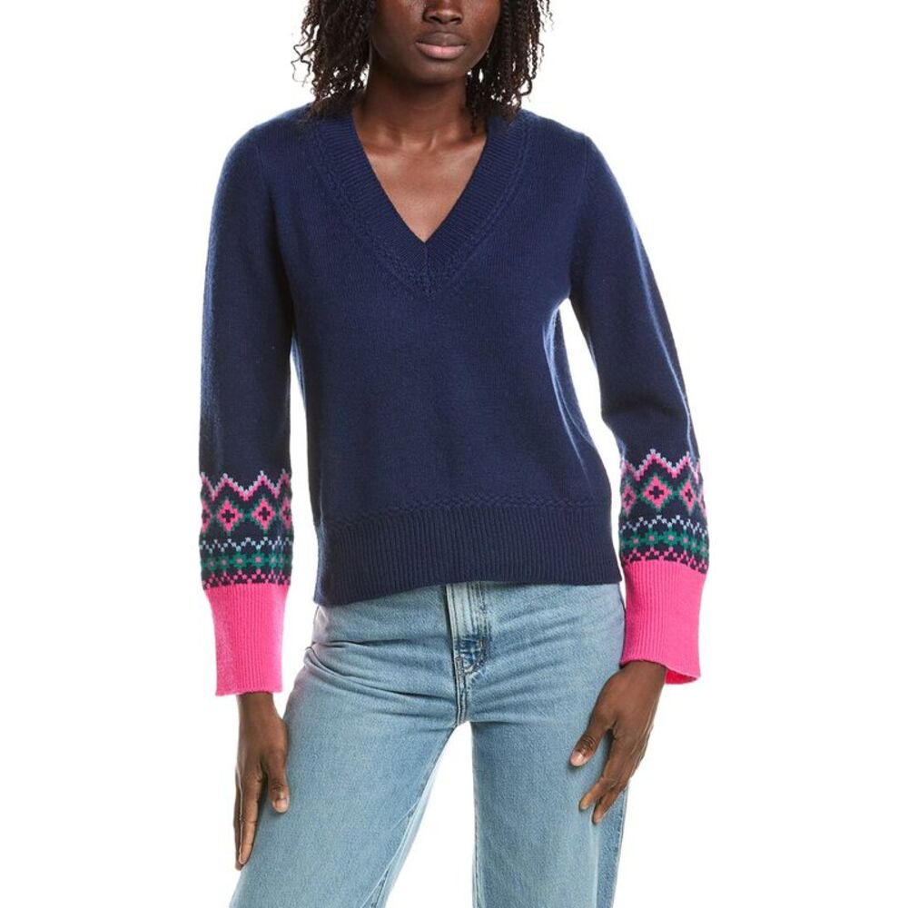 &Isla Womens  Helena Fairisle Cuff V-Neck 100% Cashmere Sweater, Navy